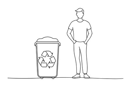 man stands with recycling bin, prominently displaying a sign that reads Recycle for environmental awareness One line continuous line art vector illustration on white backgroundのイラスト素材
