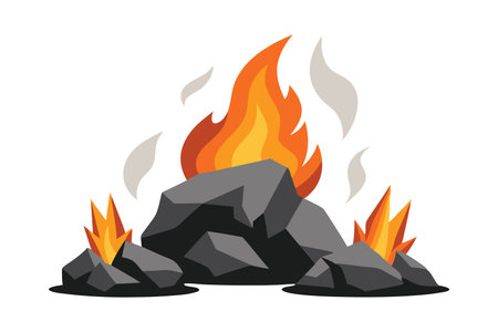 Rock emitting flames and smoke, creating a dramatic scene of fire and natural elements intertwined flat vector illustration on white backgroundのイラスト素材