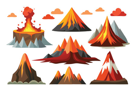 Volcano, showcasing its conical shape Vector illustration set on white backgroundのイラスト素材