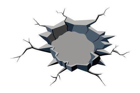 Wall featuring a prominent hole surrounded by visible cracks, highlighting signs of wear and damage flat vector illustration on white backgroundのイラスト素材