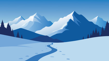 Snowy mountain landscape featuring distinct footprints leading through the fresh snow, showcasing a serene winter scene flat vector illustrationのイラスト素材