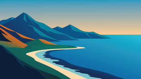 Aerial view showcasing the coastline meeting the mountains, highlighting the natural beauty of land and sea flat vector illustrationのイラスト素材