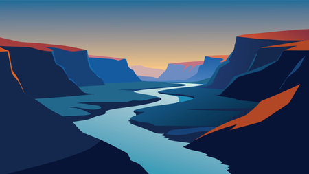 An expansive view of an Icelandic landscape showcasing a flowing river, framed by dramatic cliffs and vibrant vegetation flat vector illustrationのイラスト素材