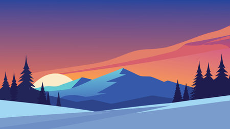 Winter scene showcasing snow-laden trees against a backdrop of a bright, colorful sky flat vector illustrationのイラスト素材