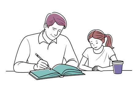 Father and daughter sit together at a table, focused on completing homework with books and papers spread out doodle continuous line art vector illustrationのイラスト素材