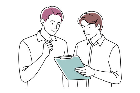 Two men engaged in discussion while reviewing notes on a clipboard, indicating collaboration and communication doodle continuous line art vector illustrationのイラスト素材