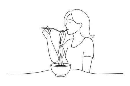 Young woman eating noodles One line continuous line art vector illustration on white backgroundのイラスト素材