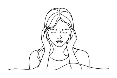 young girl holding his head in pain, depicting the discomfort of a headache with a pained expression One line continuous line art vector illustration on white backgroundのイラスト素材