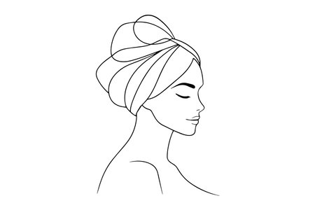 woman with a towel on her head is illustrated, embodying a sense of tranquility and comfort in her appearance One line continuous line art vector illustration on white backgroundのイラスト素材