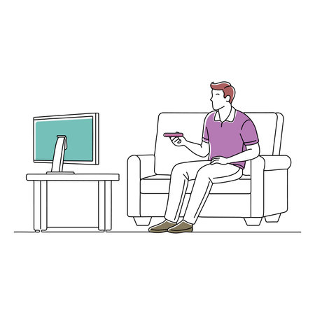 Man on the couch watching tv, changing channels doodle continuous line art vetor illustrationのイラスト素材