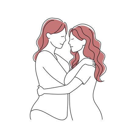 Two woman hugging doodle continuous line art vetor illustrationのイラスト素材