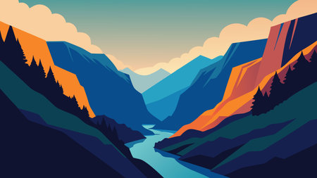 Colorful spring scene inside Goynuk canyon, located in District of Kemer, Antalya Province. Beautiful morning scenery in Turkey, Asia flat vector illustrationのイラスト素材