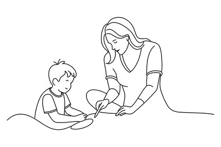Mother and child son draws are engaged in creative at home One line continuous line art vector illustration on white backgroundのイラスト素材
