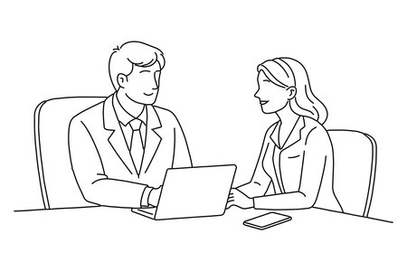 Office time boy and girl talk One line continuous line art vector illustration on white backgroundのイラスト素材