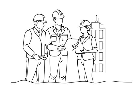 Engineers team watching and checking details on a construction site One line continuous line art vector illustration on white backgroundのイラスト素材