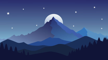 Moon in night sky in the winter mountains flat vector illustrationのイラスト素材