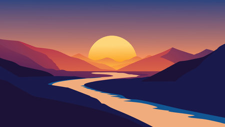 Spectacular sunrise on Skjalfandafljot river, Iceland, Europe flat vector illustrationのイラスト素材