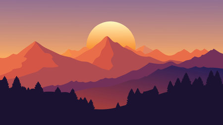 The sun sets behind mountains, illuminating the sky with warm hues while trees stand in silhouette against the backdrop flat vector illustrationのイラスト素材