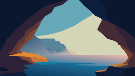 Sea cave carved into a rocky cliff, showcasing the interplay of light and water within the cave flat vector illustrationのイラスト素材
