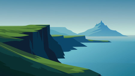 Breathtaking panorama of the Faroe Islands, highlighting steep cliffs, rich vegetation, and the calm sea in the distance flat vector illustrationのイラスト素材