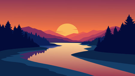 River landscape at sunset, with vibrant colors reflecting on the water and silhouettes of trees in the backgroundのイラスト素材