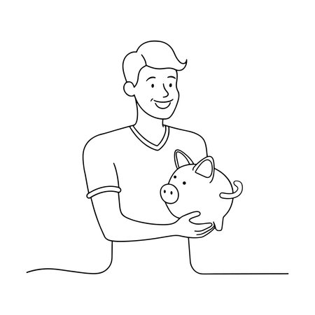 Man Felix holds a piggy bank. Concept of saving finances One line continuous line art vector illustration on white backgroundのイラスト素材