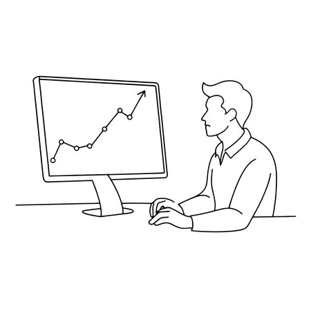 Man in front of a computer, focused on a graph presented on the monitor One line continuous line art vector illustration on white backgroundのイラスト素材