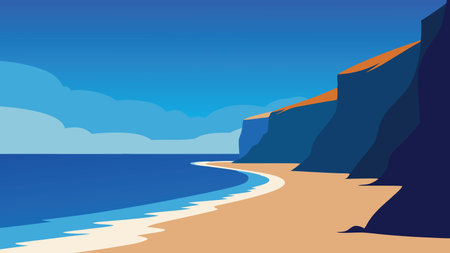 Sandy beach with clear blue water, framed by a majestic cliff in the backgroundのイラスト素材
