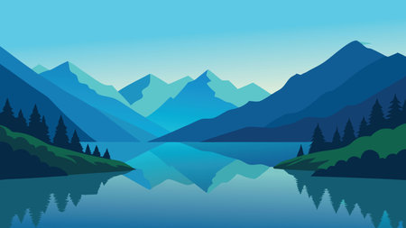 A serene lake nestled among majestic mountains, bordered by lush green grass, reflecting the beauty of nature flat vector illustrationのイラスト素材