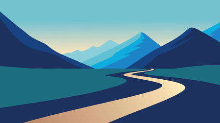 A scenic dirt road winding through mountains, surrounded by lush grass and scattered rocks under a clear blue sky.flat vector illustrationのイラスト素材