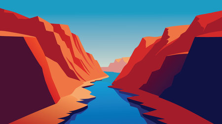 River flows through a canyon, surrounded by striking red rock formations under a clear blue sky flat vector illustrationのイラスト素材