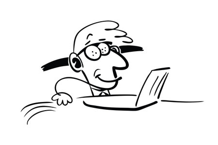 Businessman working on laptop  doodle line art flat black illustrationのイラスト素材