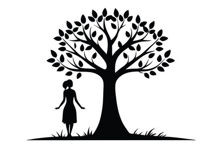 Woman under tree silhouette flat vector  illustration on white backgroundのイラスト素材