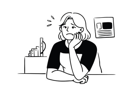 Woman sits thoughtfully at her desk, resting her chin on her hand, deep in contemplation doodle line art flat vector illustrationのイラスト素材