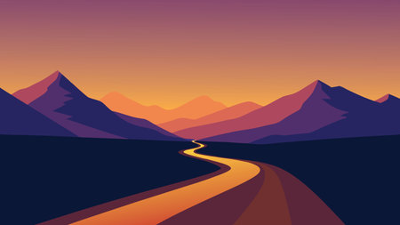 A tranquil dirt road meandering through mountainous terrain, under a breathtaking sunset filled with vivid colors flat vector illustrationのイラスト素材