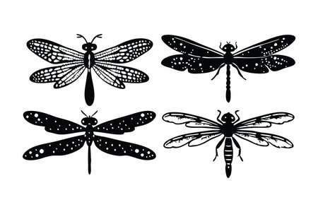 Dragonfly in smile with halftone stipple effect linocut flat vector illustration on white backgroundのイラスト素材