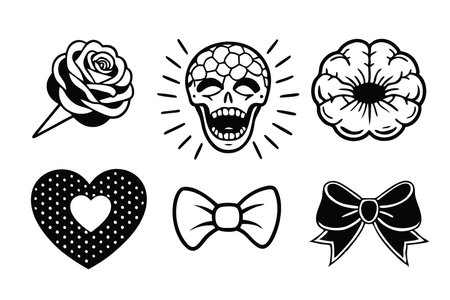 Mouth, heart, brain, head, scream, hand, flower, bow ribbon with halftone stipple effect linocut flat vector illustrationのイラスト素材