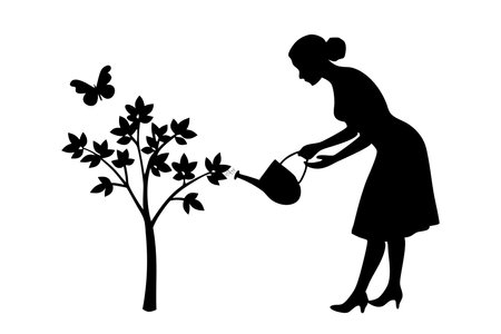 A Woman gently waters a small tree while a butterfly flutters nearby, showcasing a serene moment in nature Silhouette flat vector illustrationのイラスト素材