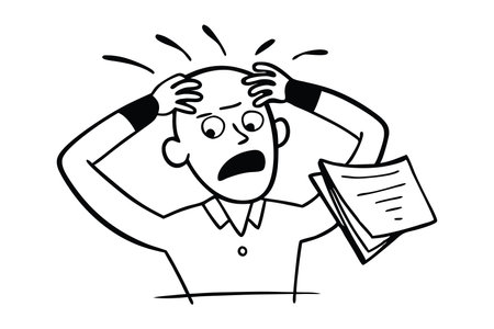 Stressed businessman with paperwork holding documents Hand drawn Brush line flat illustration isolated on white backgroundのイラスト素材