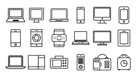 Technology and Electronics and Devices web icons in line style. Device, phone, laptop, communication, smartphone, ecommerce related icon set flat vector illustrationのイラスト素材