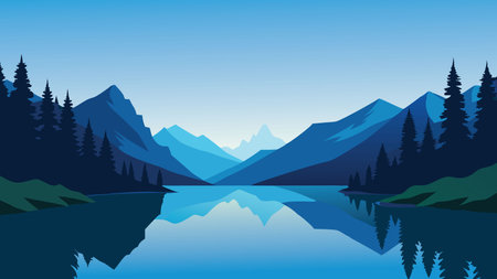 Lake nestled among lush trees and majestic mountains, reflecting the beauty of nature in a tranquil setting flat vector illustrationのイラスト素材