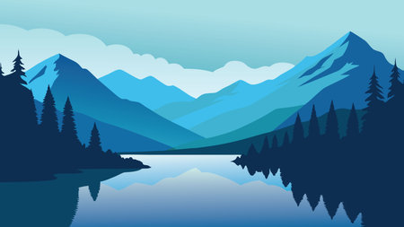 Calm lake bordered by dense trees and impressive mountains, creating a harmonious scene of natural beauty Flat vector illustrationのイラスト素材