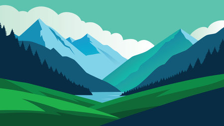 A tranquil mountain valley with a green grassy expanse, framed by towering mountains in the background flat vector illustrationのイラスト素材