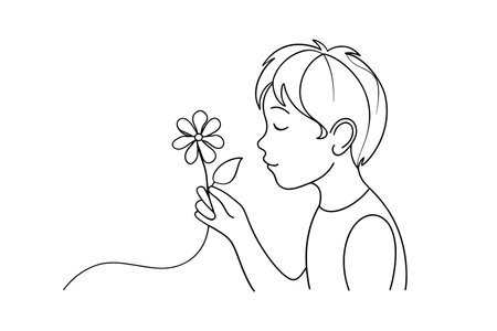 Child smelling flower  continuous line art isolated on white backgroundのイラスト素材