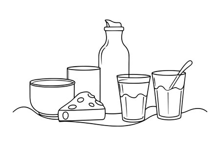 Dairy products continuous line art isolated on white backgroundのイラスト素材