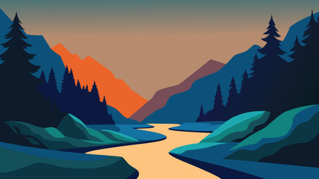 River flows over rocks, framed by lush trees in the background, creating a tranquil natural scene flat vector illustrationのイラスト素材