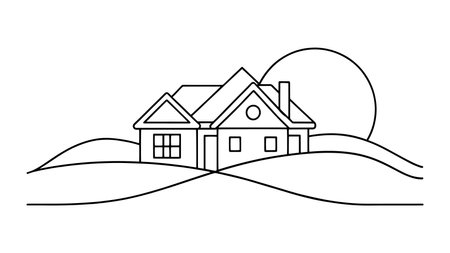 Picturesque house perched on a hill, illuminated by a radiant sun in the background, creating a serene landscape line art flat vector illustrationのイラスト素材