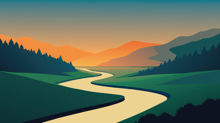 River flows through a lush green field, illuminated by the warm hues of a sunset in the background flat vector illustrationのイラスト素材