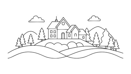 House on a hill, with lush trees and majestic mountains continuous line art flat vector illustration on white backgroundのイラスト素材