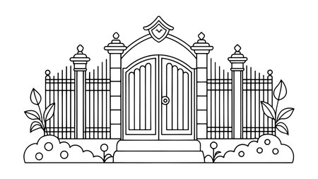 Garden Gate House continuous line art isolated flat vector illustration on white backgroundのイラスト素材